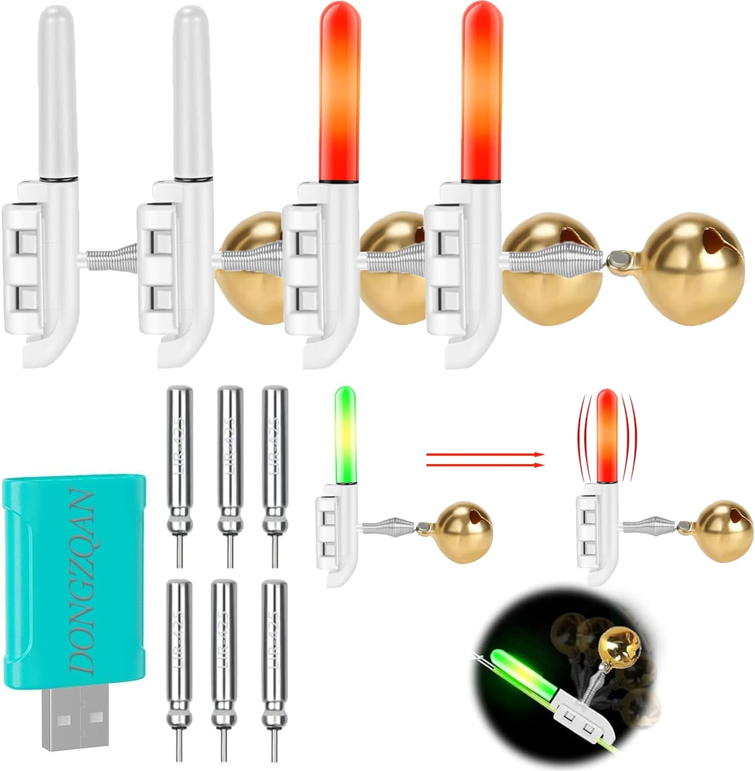 DONGZQAN 4 Pack Fishing Bite Indicators with Night Lights for Fishing, Fishing Bite Indicators, Night Light for Night Fishing, Fishing Gift, Night Light with Charger and